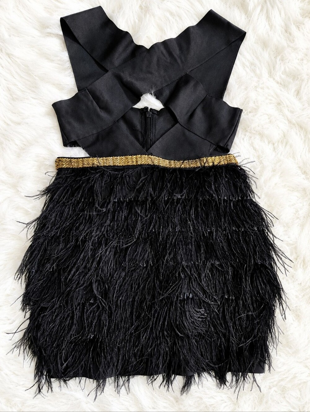 Fashion Nova Black Feather Mini Dress with Gold Waistband XL